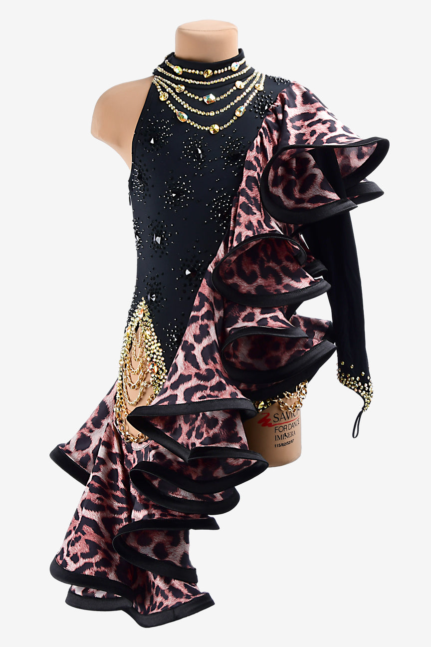 Permino black matt lycra Latin dress with leopard print draping ruffle, black crystals & gold sew-on rhinestones