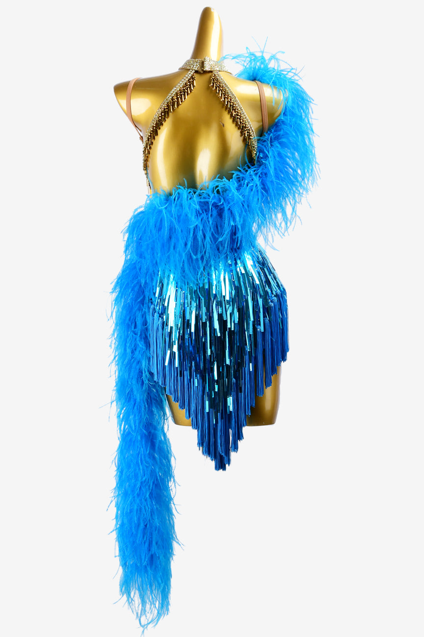 Permino dark sky blue Latin dress with sequins, gold stone mirrors, crystal AB, blue feathers & fringes