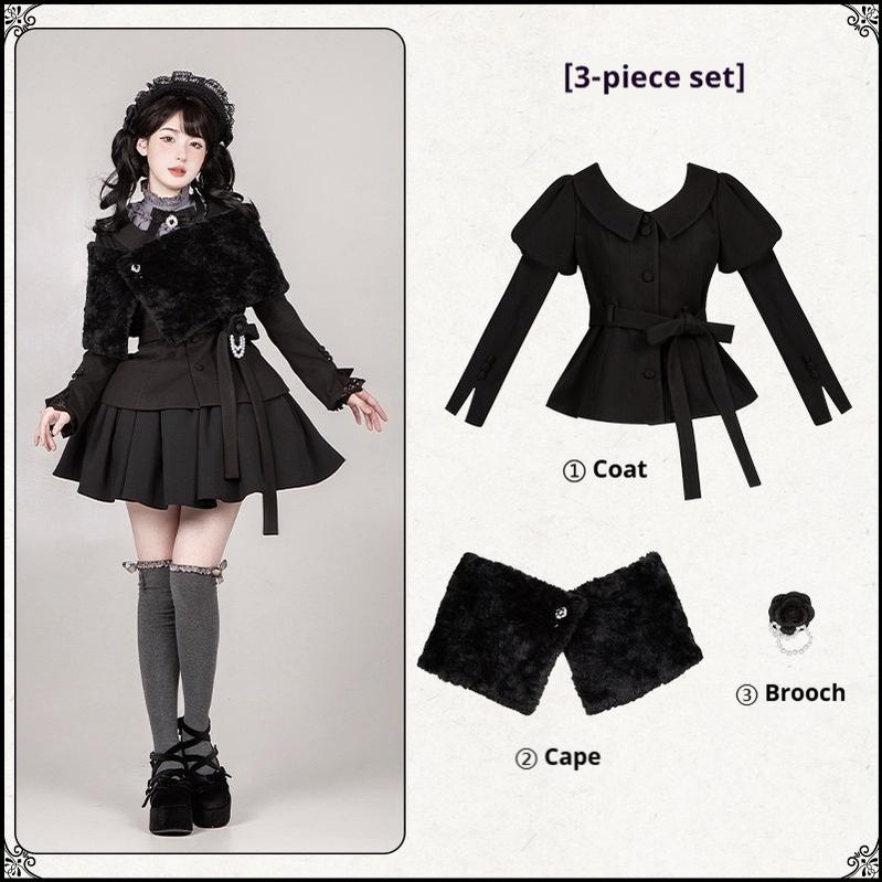 With PUJI~Old Testament~Classic Lolita Coat Black Plush Lolita Cape and Brooch