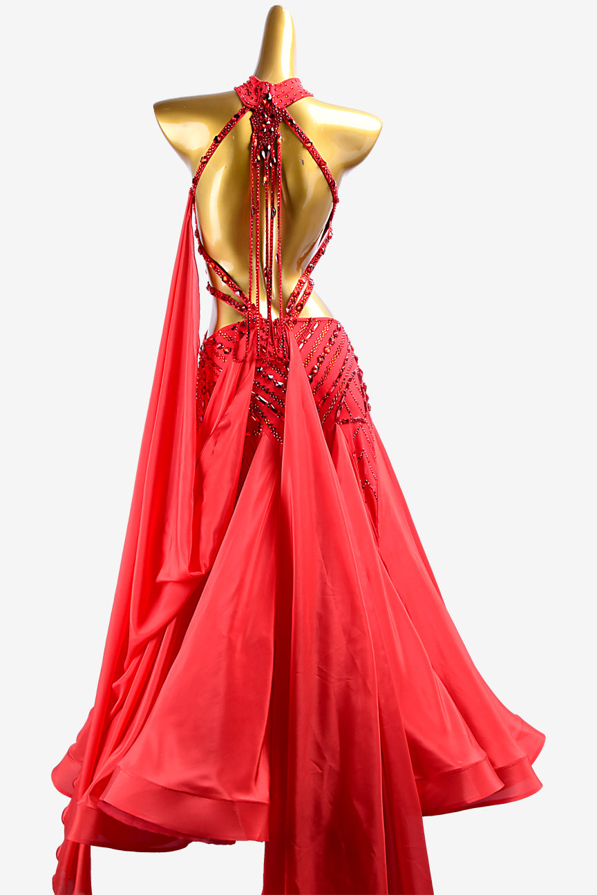 Permino china red lustre lycra Standard dress with pearl chiffon underskirt, rhinestones & sew-on stones