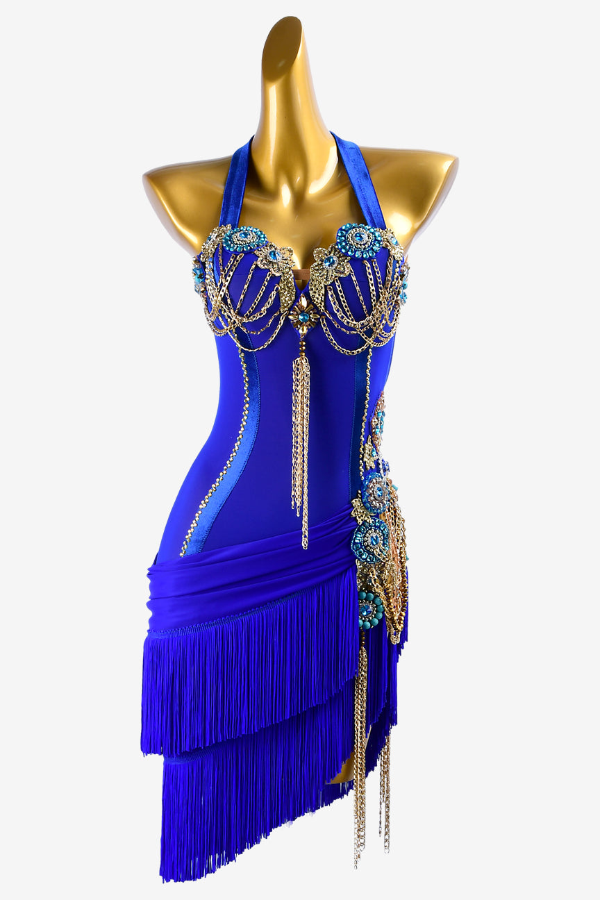 Permino mediumblue mesh Latin dress with gold chains, crystal appliqués , rhinestones & fringes