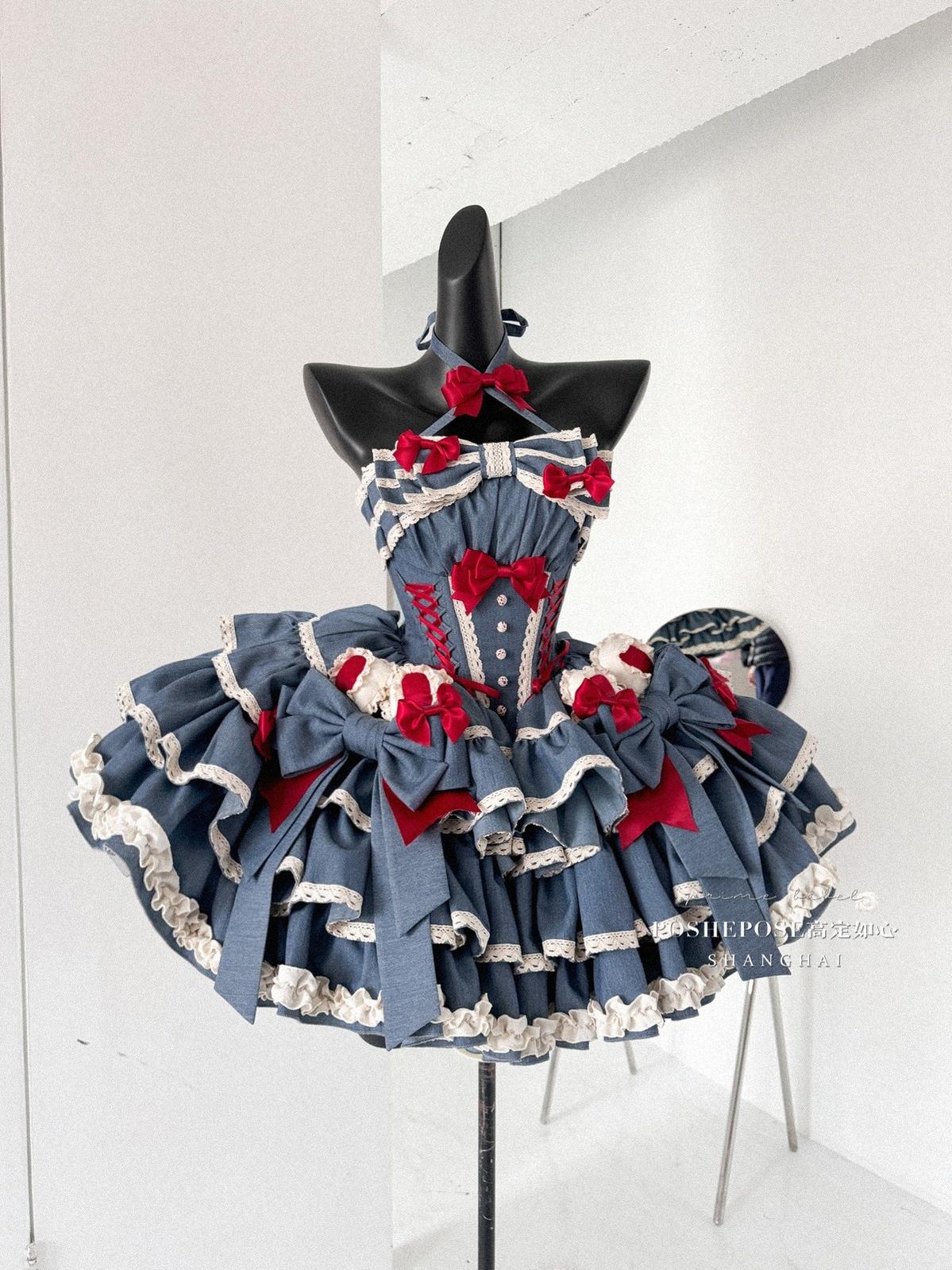 POSHEPOSE~First Cherry Rabbit~Sweet Lolita Dress Halter Neck Jumper Dress and Cardigan