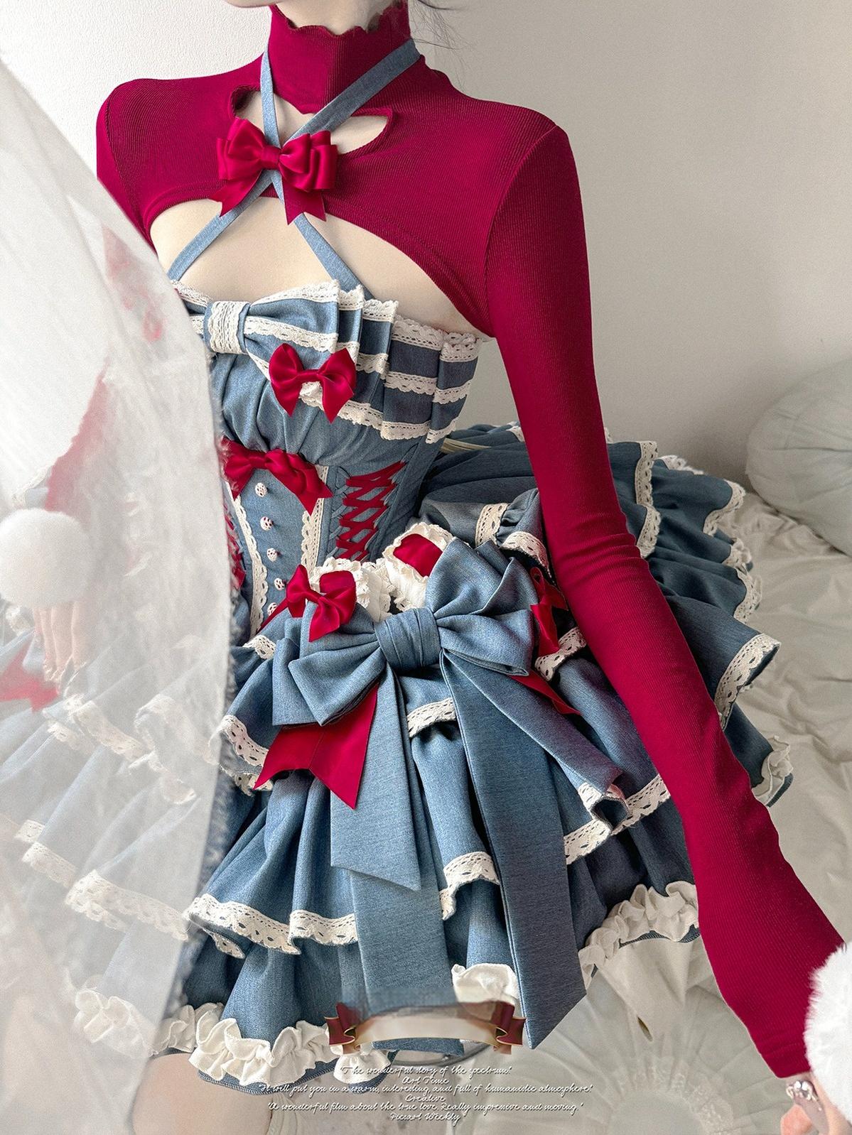 POSHEPOSE~First Cherry Rabbit~Sweet Lolita Dress Halter Neck Jumper Dress and Cardigan