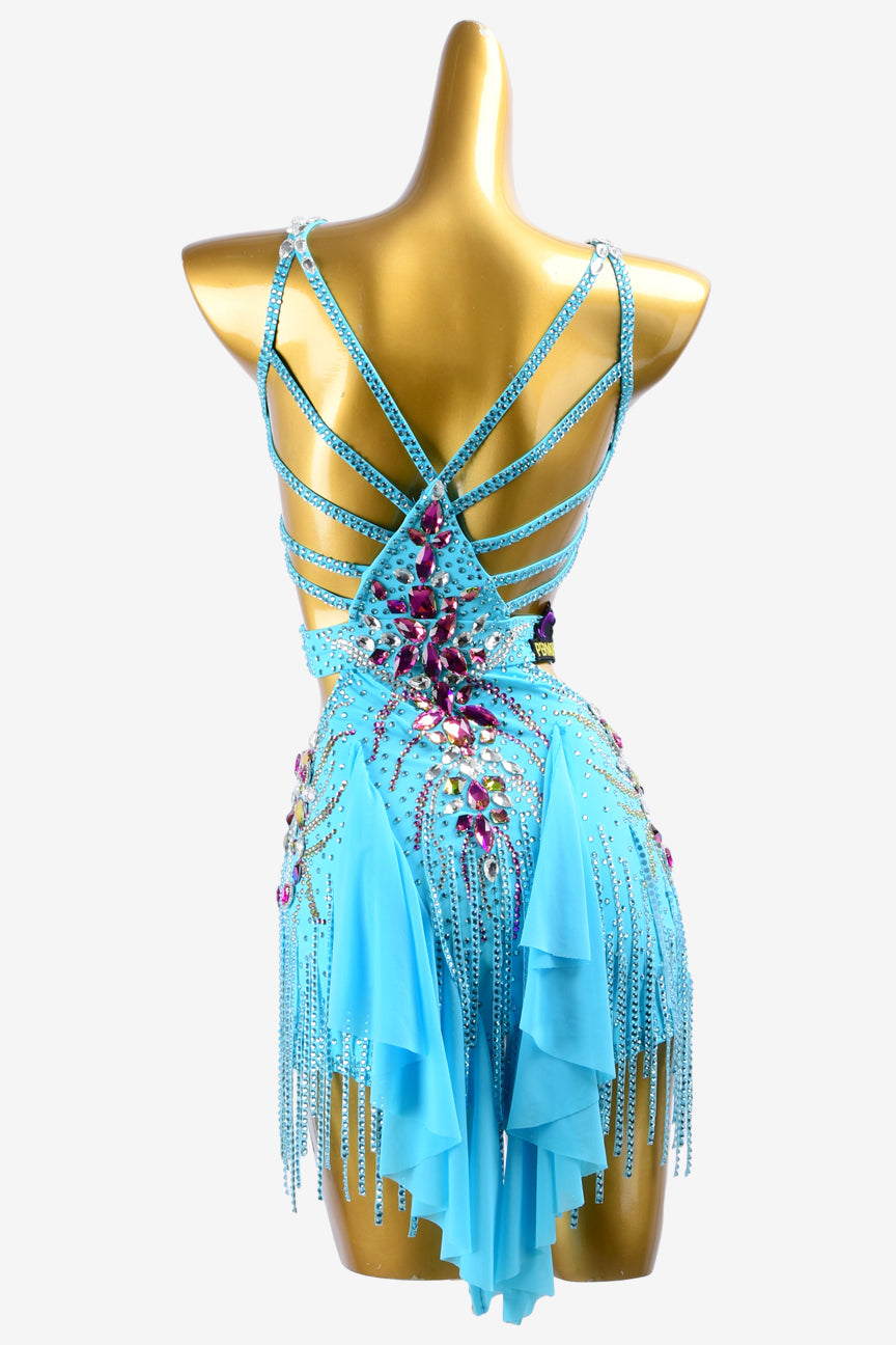 Permino sky blue matt lycra Latin dress with white stone fringes, crystals & mediumvioletred sew-on stones