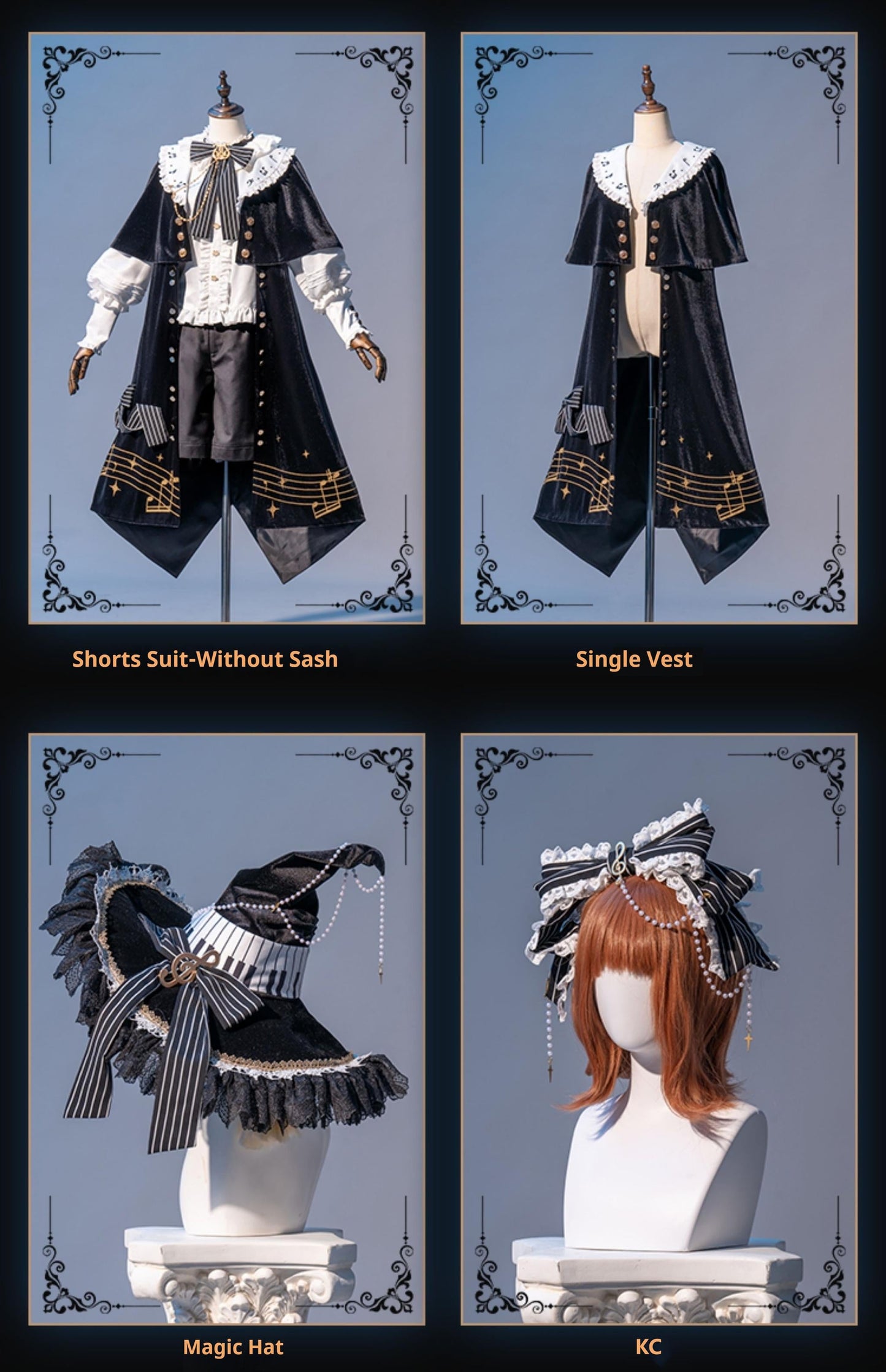 Forest Fluorescent Carps~Black and White Sonata~Ouji Lolita Vest Suit and Vintage Lolita OP Dress