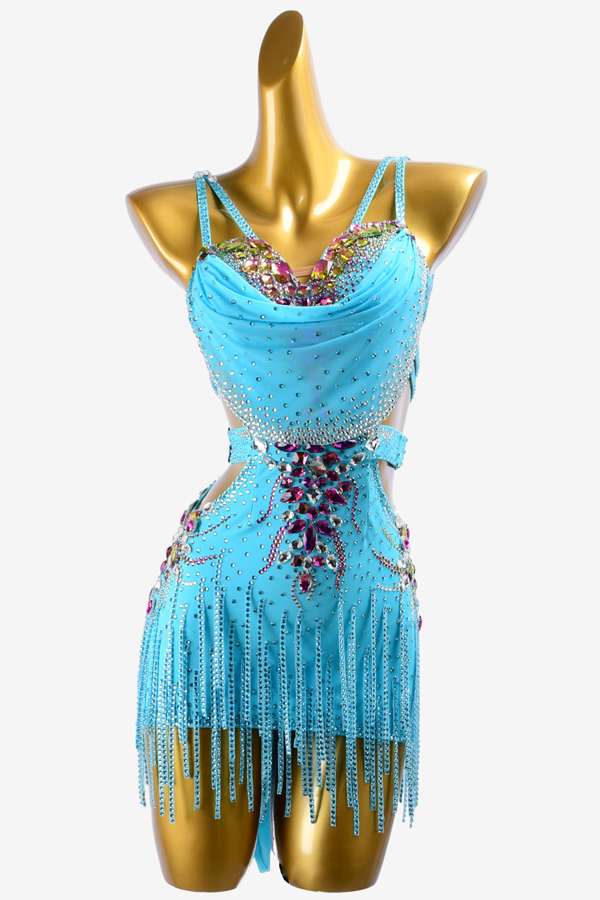 Permino sky blue matt lycra Latin dress with white stone fringes, crystals & mediumvioletred sew-on stones