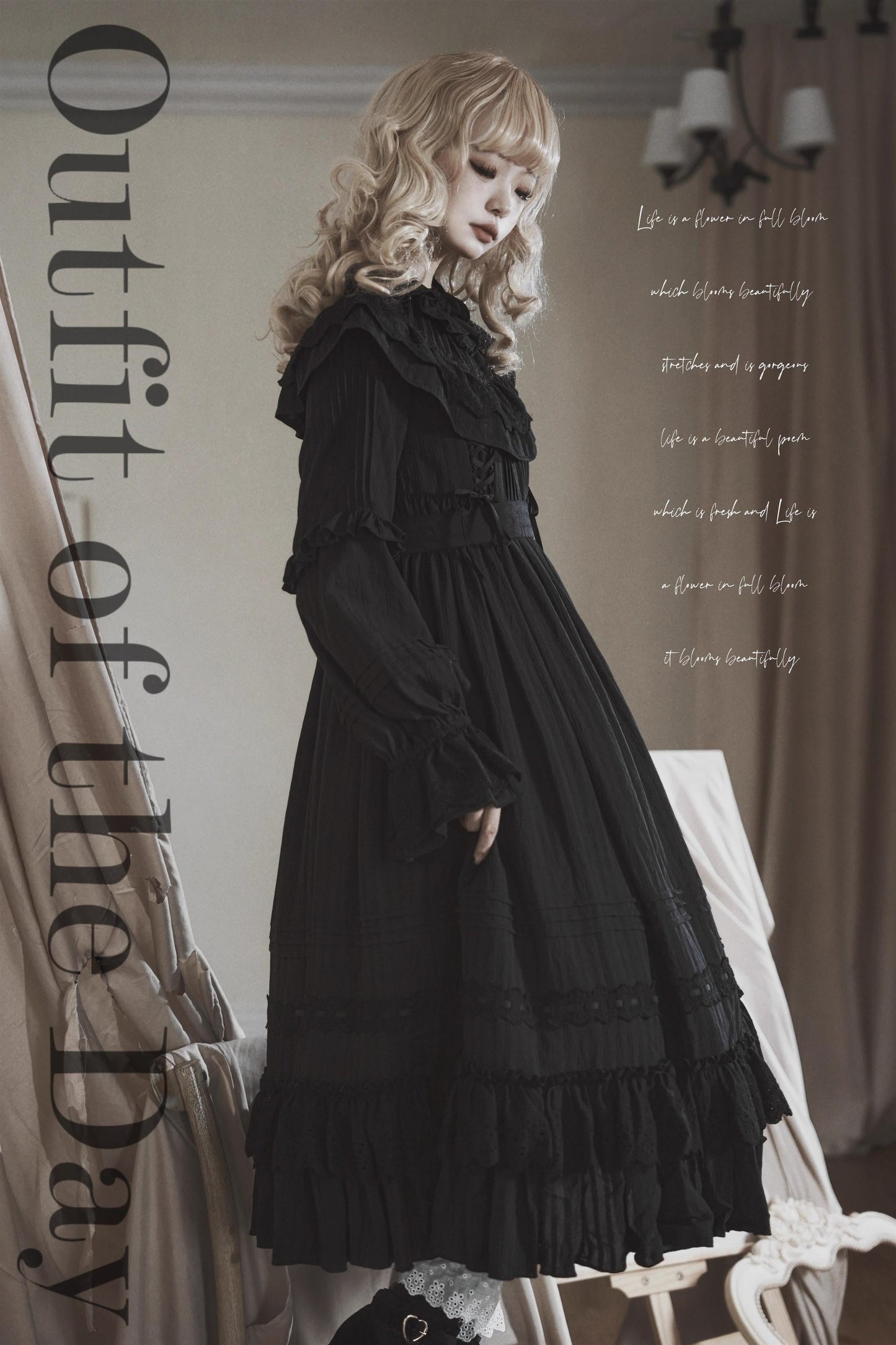 Sanshanjiu~Goodnight Black~Gothic Lolita Black OP with Round Cape Collar