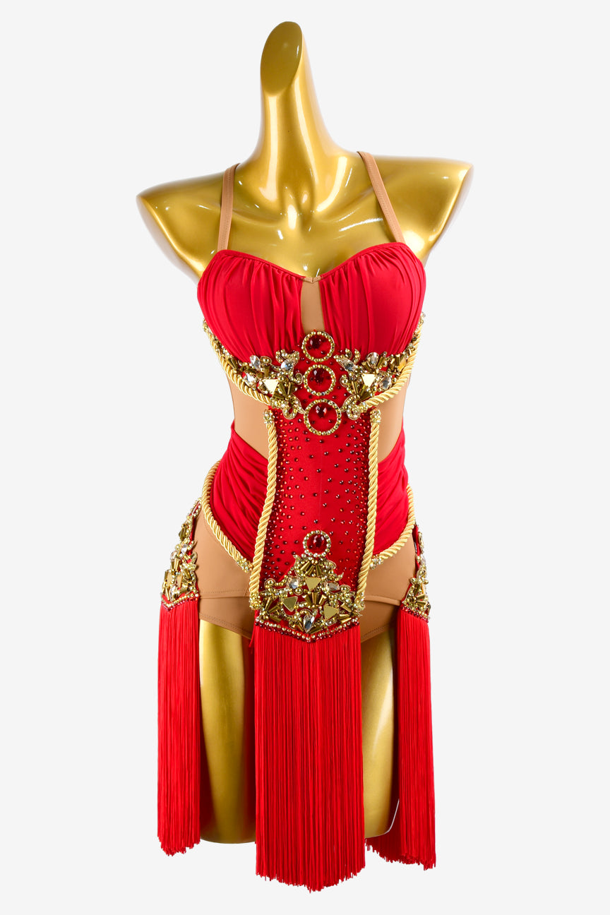 Permino red matt lycra Latin dress with fringe, gold rhinestone & sew-on stones