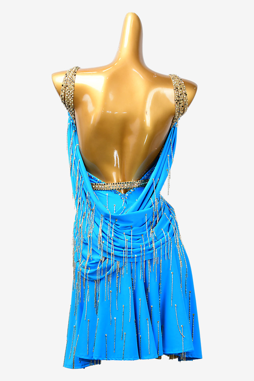 Permino dark blue matt lycra Latin dress with tassels, rhinestones, gold beadings & beaded fringes