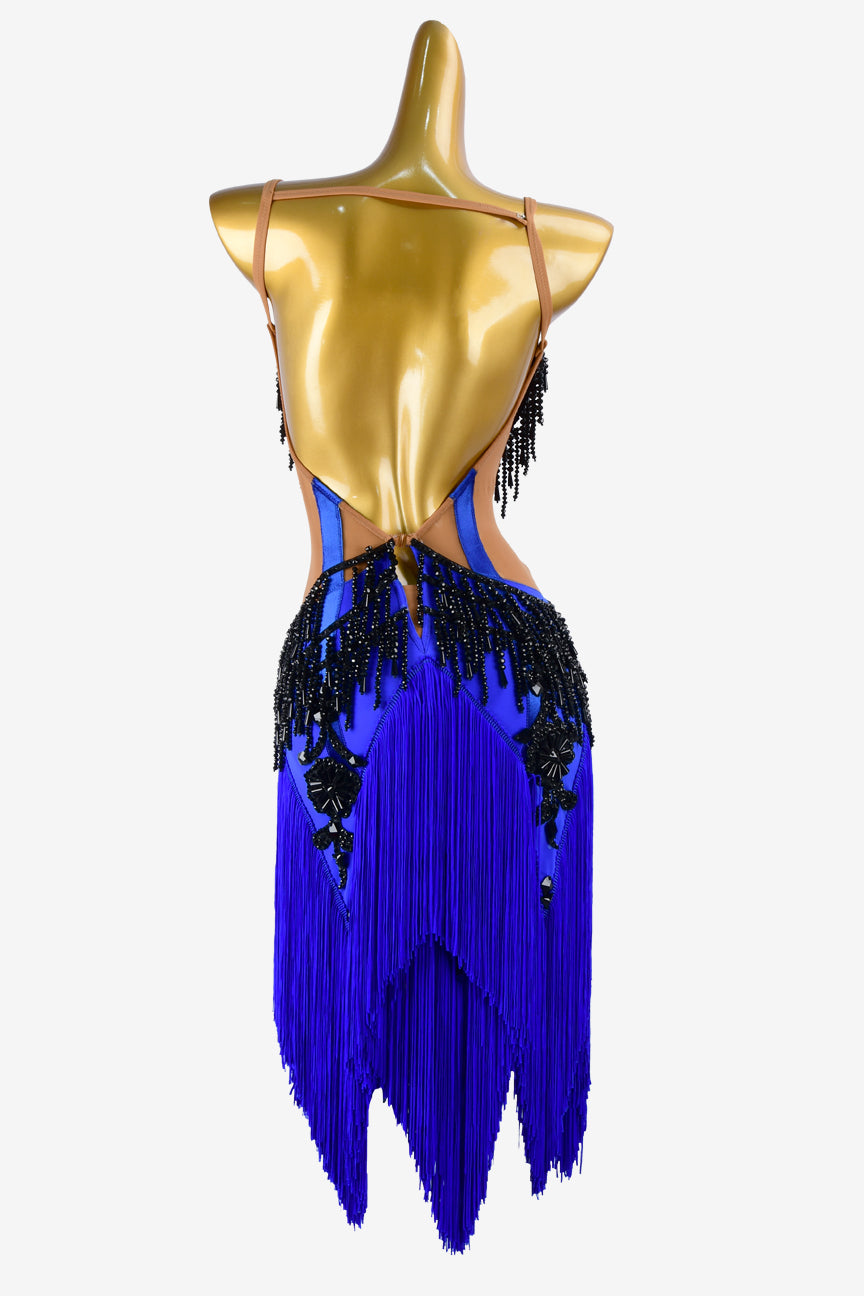 Permino Dark nude & mediumblue Latin dress with black stonning lace appliqués, mediumblue fringes & black beaddings