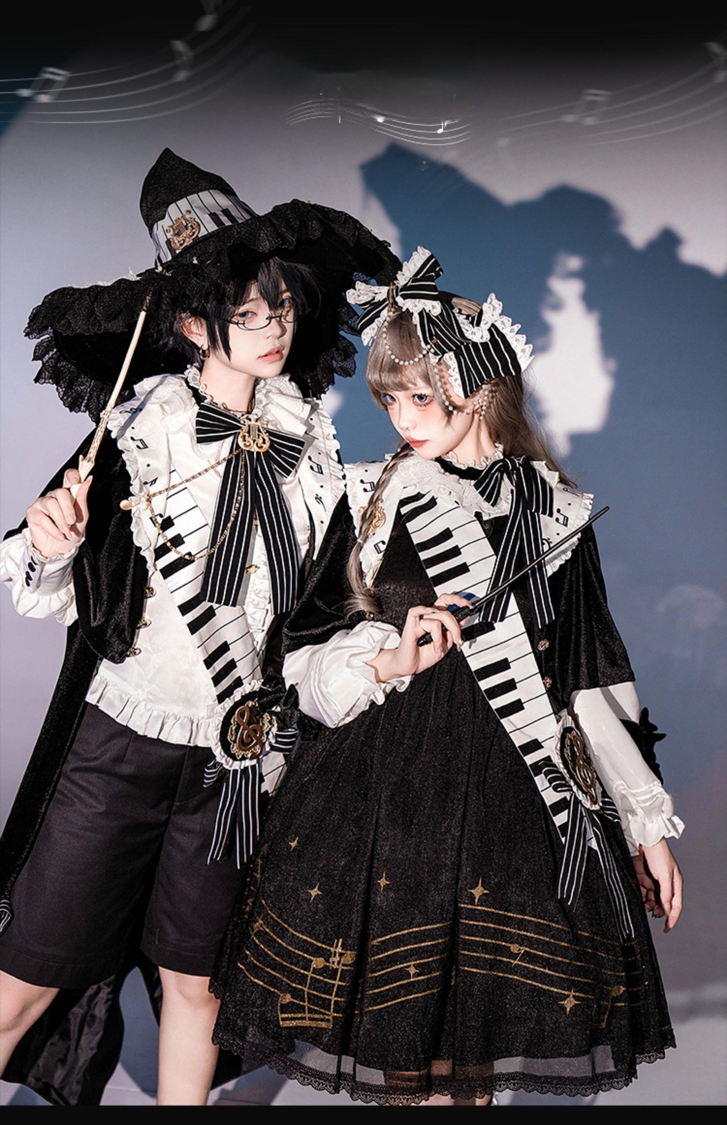 Forest Fluorescent Carps~Black and White Sonata~Ouji Lolita Vest Suit and Vintage Lolita OP Dress