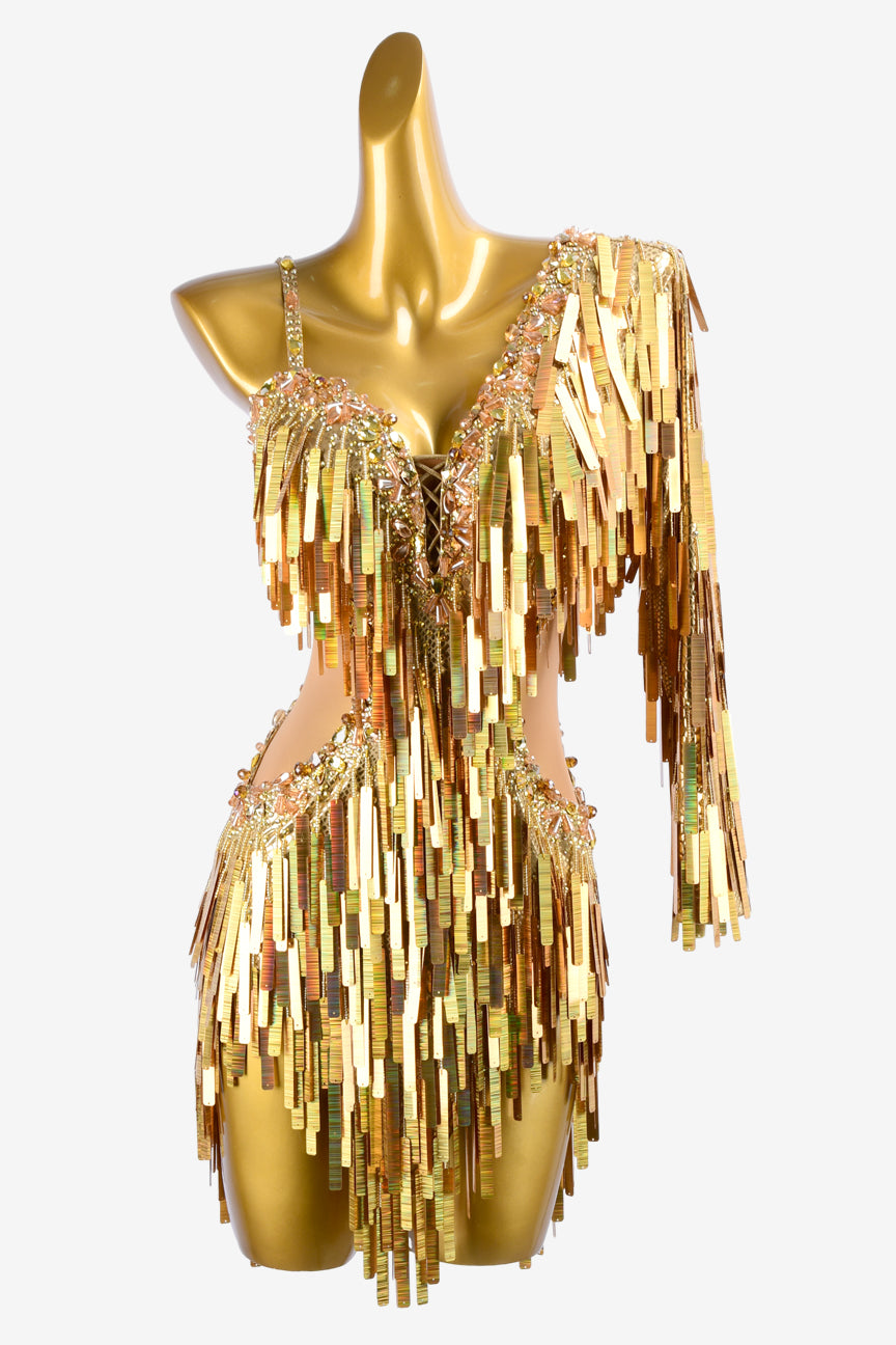 Permino gold dot shine lycra Latin dress with fully sequins dress, crystals & sew-on stones