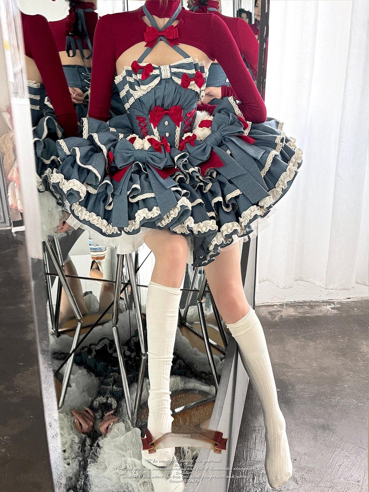 POSHEPOSE~First Cherry Rabbit~Sweet Lolita Dress Halter Neck Jumper Dress and Cardigan