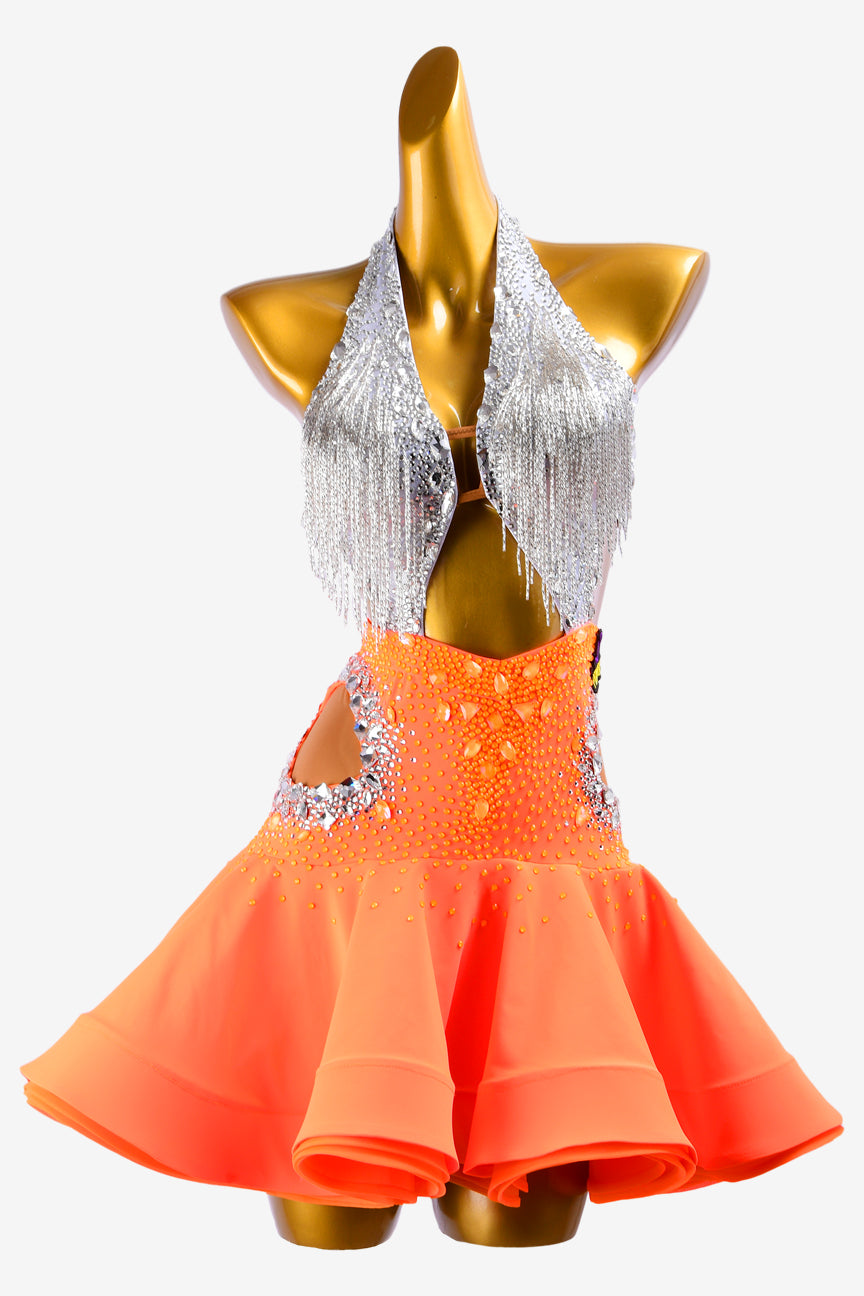 Permino silver dot shine lycra Latin dress with orangered ruffle fishbone underskirt, beaded fringes and crystals