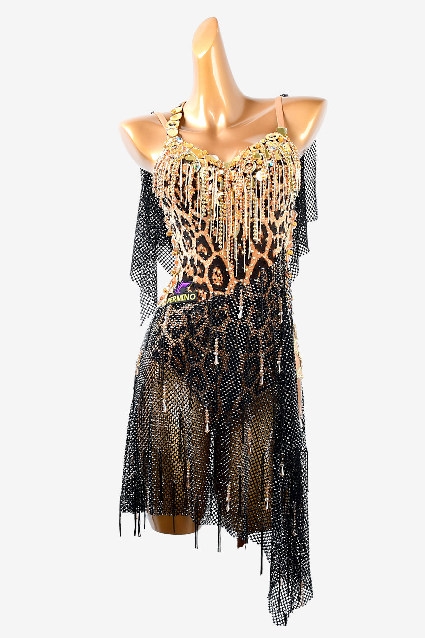 Permino leopard print Latin dress with black ruching crystal fishnet, AB stones, beadings & mirror stones