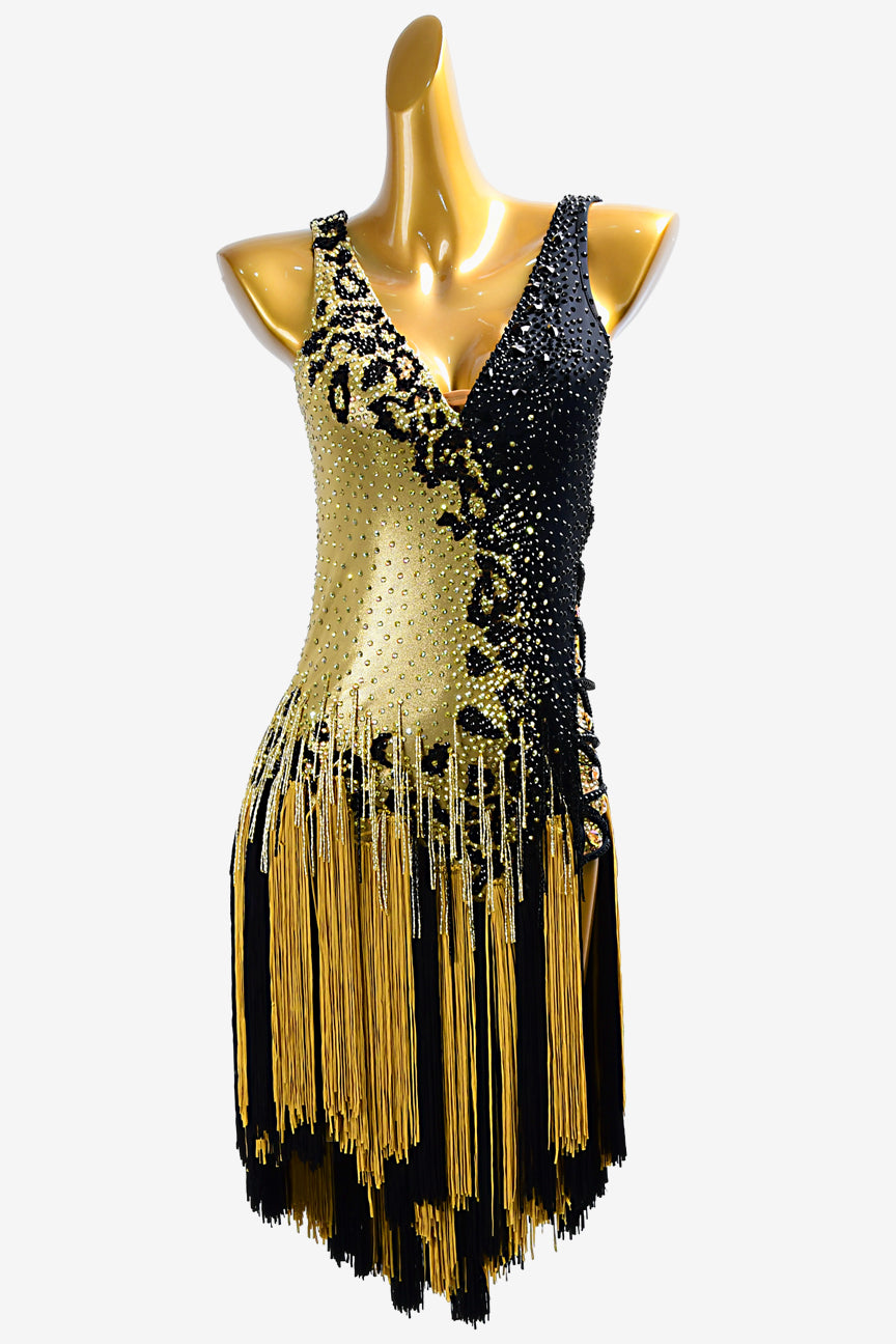 Permino black & burnt yellow Latin dress with tassels, gold beaded fringe and rhinestone