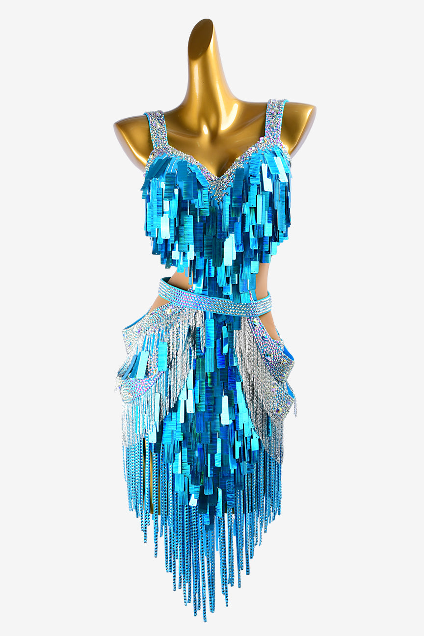 Permino sky blue Latin dress with sequins, stone fringes, silver beaded fringes, AB crystals & sew-on stones