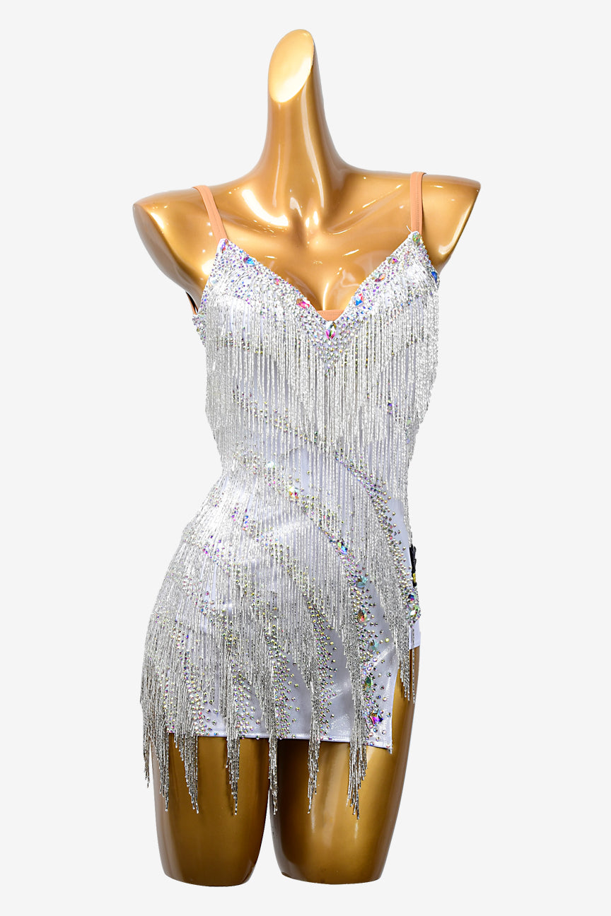Permino white dot shine lycra Latin dress with beaded fringes, AB crystals & sew-on stones