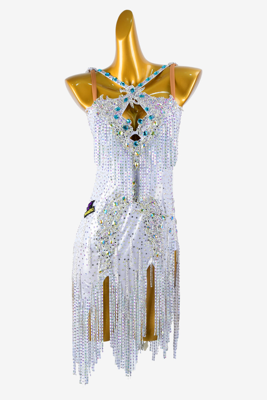 Permino silver dot shine lycra Latin dress with stone fringes, white beaded fringes, crystal AB & cyan sew-on stones