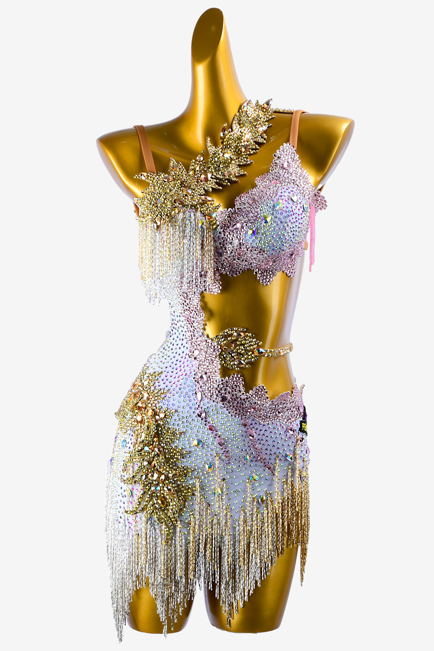 Permino white matt lycra Latin dress with gold lace appliqués, rhinestones, AB sew-on stones, pink & gold beaded fringes