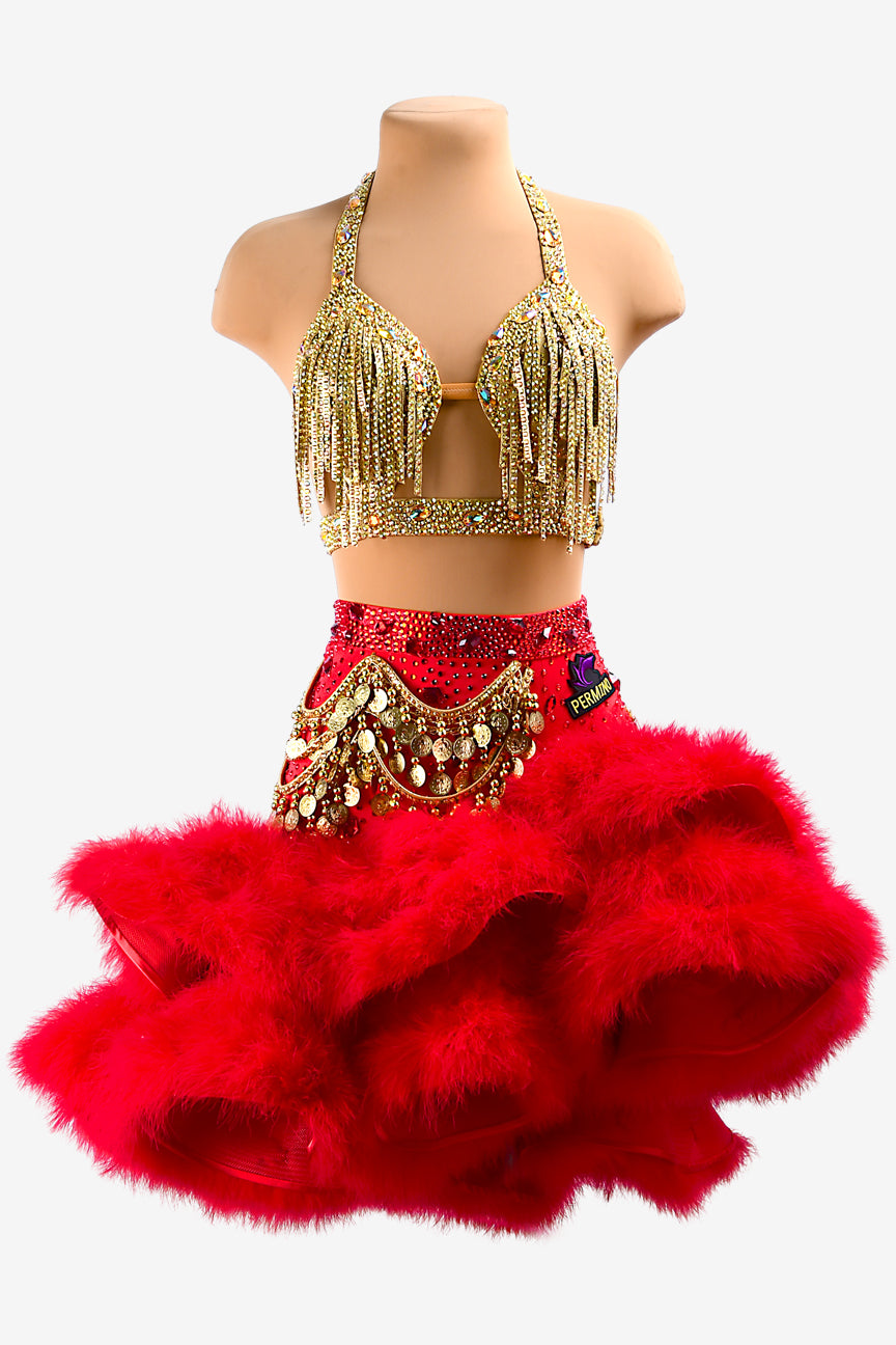 Permino gold Latin dress with china red ruffle fishbone underskirt, gold stone fringes, feathers & crystals