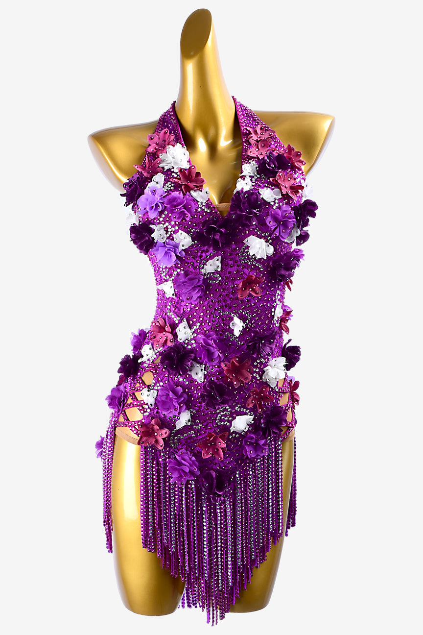 Permino brilliant violet lycra Latin dress with stone fringes, silver crystals & flower appliques