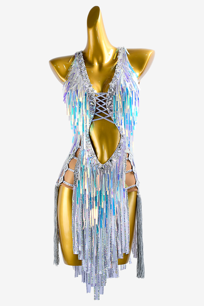 Silver metallic lycra rhythm dress with colorful sequins