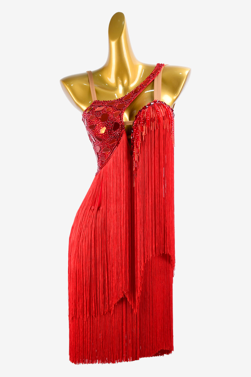 Permino china red matt lycra Latin dress with beaded fringes, mirror stones, rhinestones & fringes