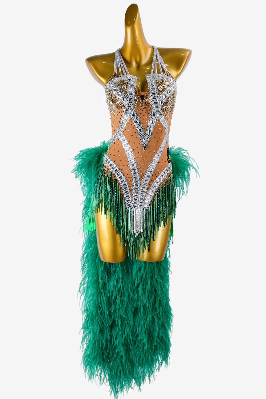 Permino fleshtone matt lycra Latin dress with sea green feathers, beaded fringes, rhinestones & sew-on stones