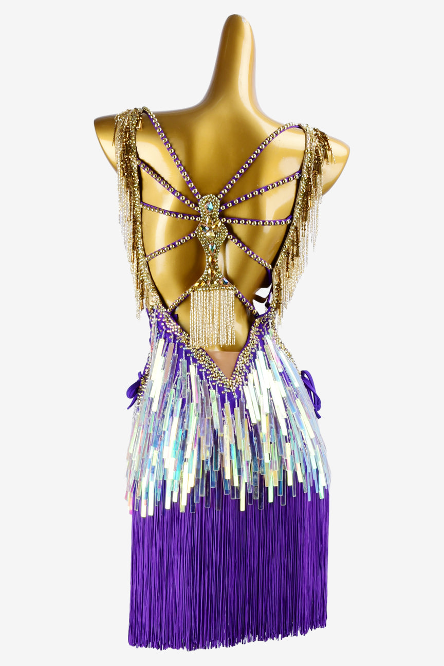 Permino violet Latin dress with gold dress top with beaded fringes, rhinestones, fringes & sequins