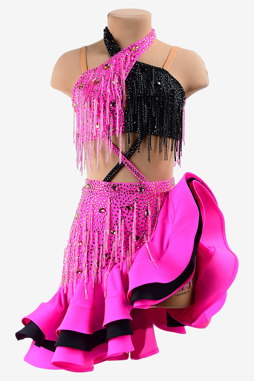 Permino phosphor & black matt lycra Latin dress with beaded fringes, crystal AB & sew-on stones