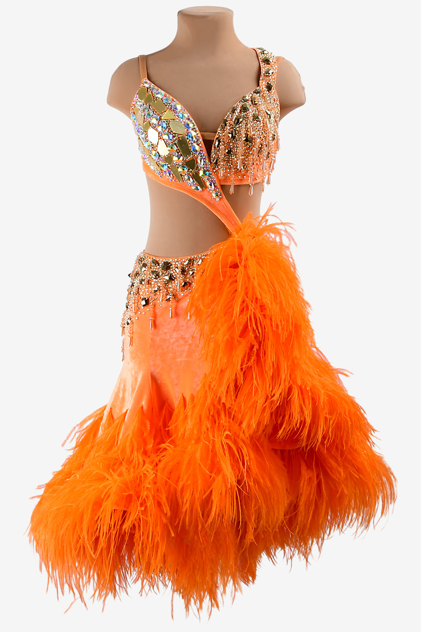 Permino vitality orange Latin dress with gold mirror stones, beadings, feathers, AB stones & sew-on crystals