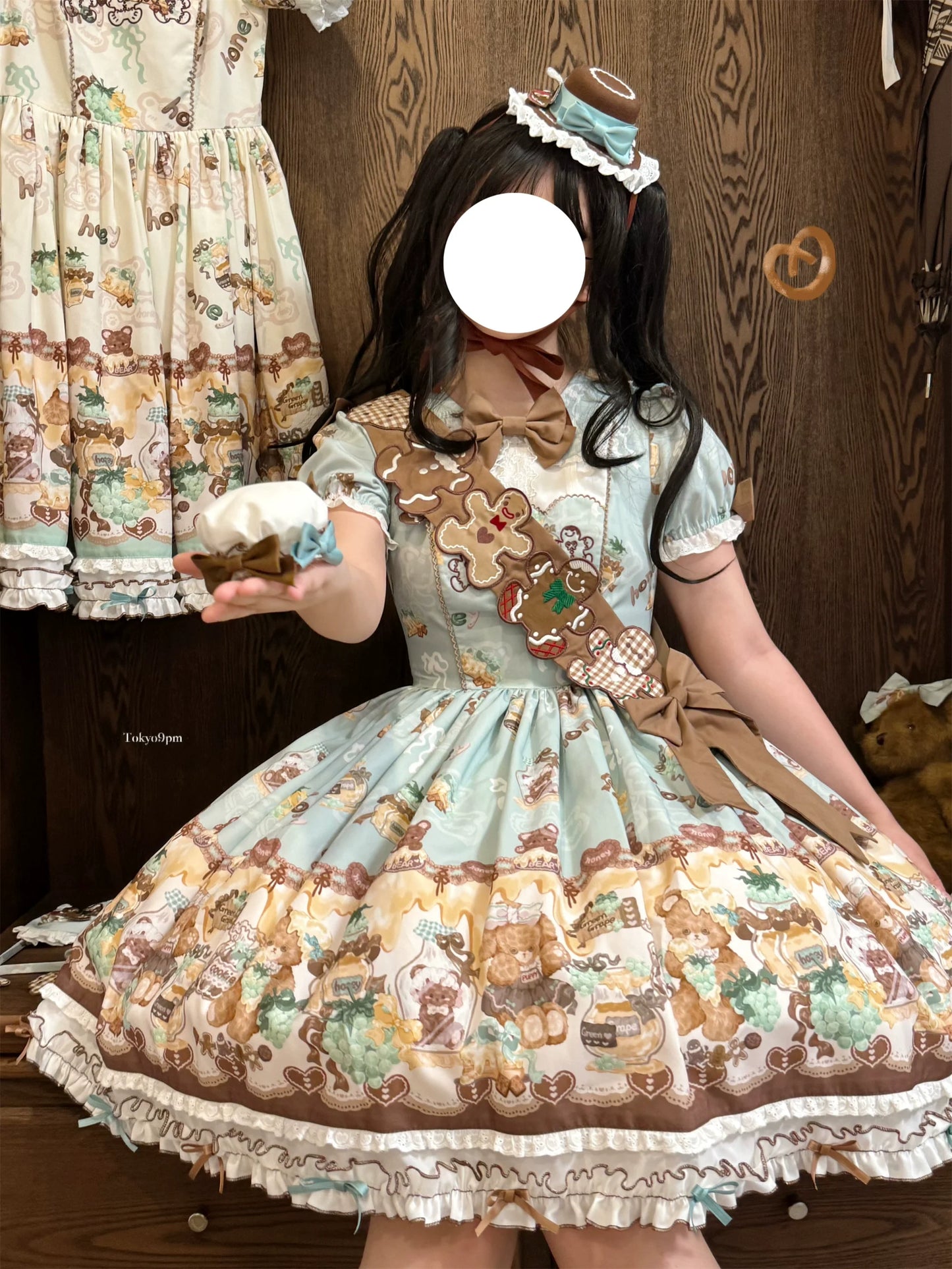 Babyblue~Little Bear Honey Jar~Kawaii Lolita Short Sleeve OP Gingerbread Man Embroidered Dress