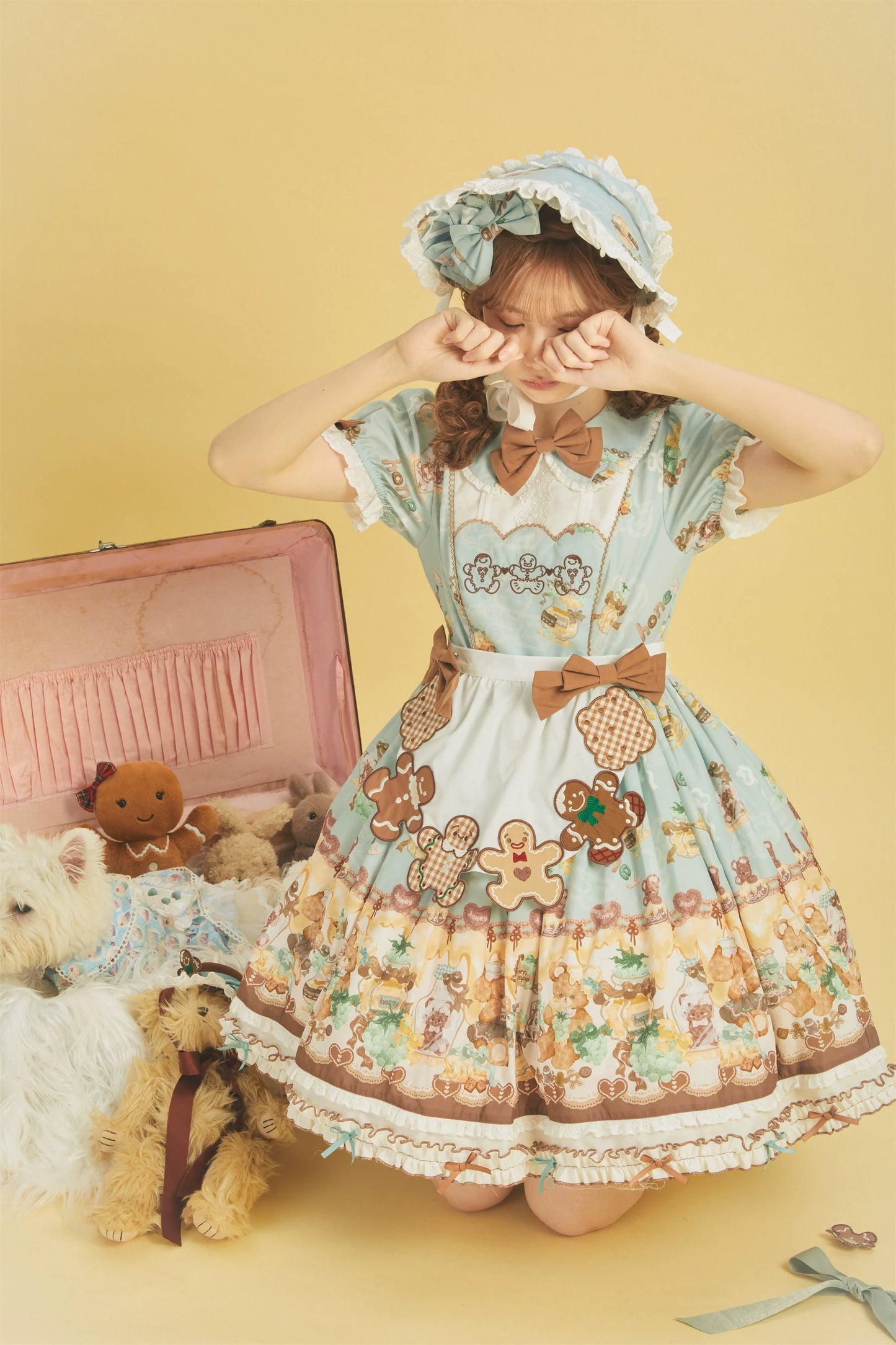 Babyblue~Little Bear Honey Jar~Kawaii Lolita Short Sleeve OP Gingerbread Man Embroidered Dress