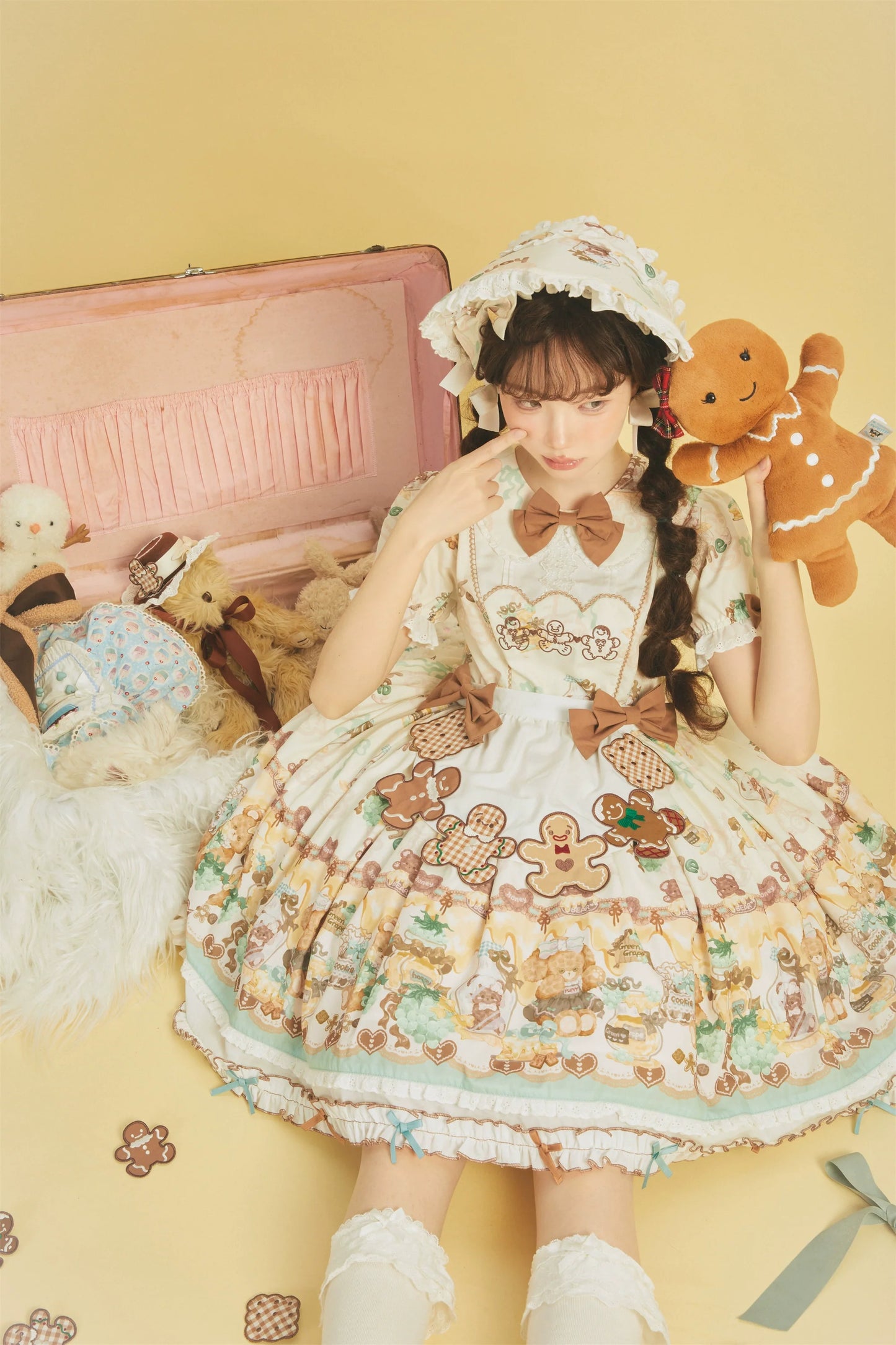 Babyblue~Little Bear Honey Jar~Kawaii Lolita Short Sleeve OP Gingerbread Man Embroidered Dress