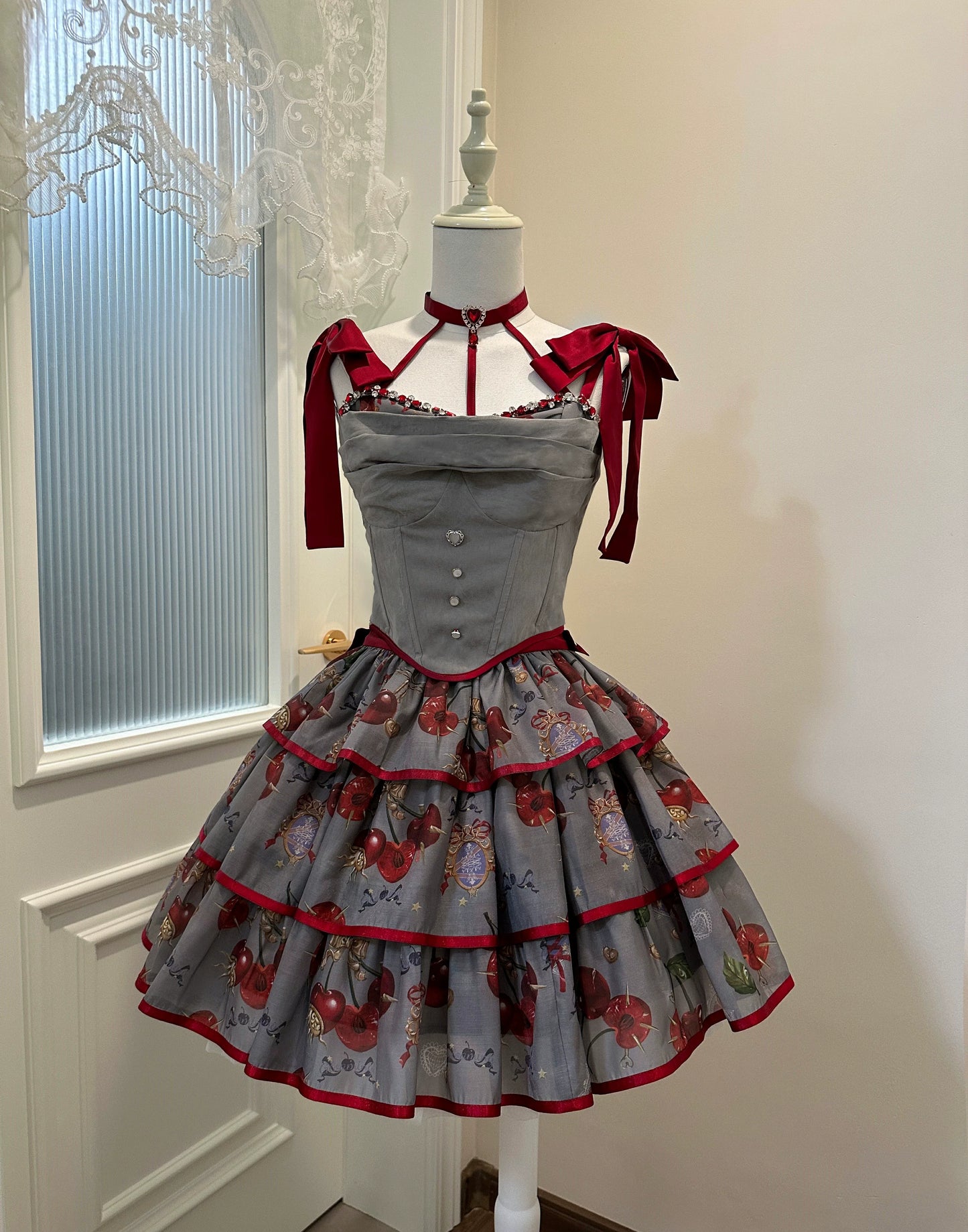 (Buy for me)Gloaming~Sweet Lolita Cherry print Short Sleeve OP and SK Set