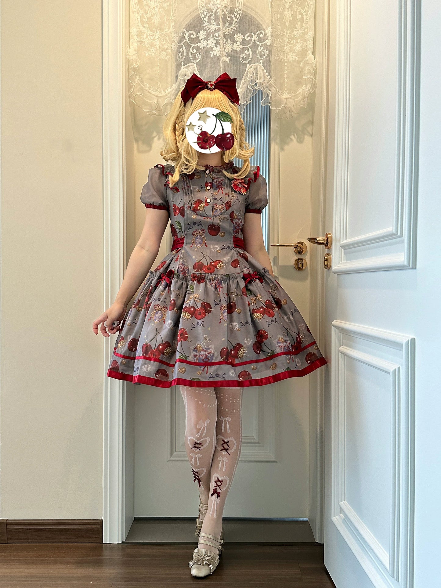 (Buy for me)Gloaming~Sweet Lolita Cherry print Short Sleeve OP and SK Set