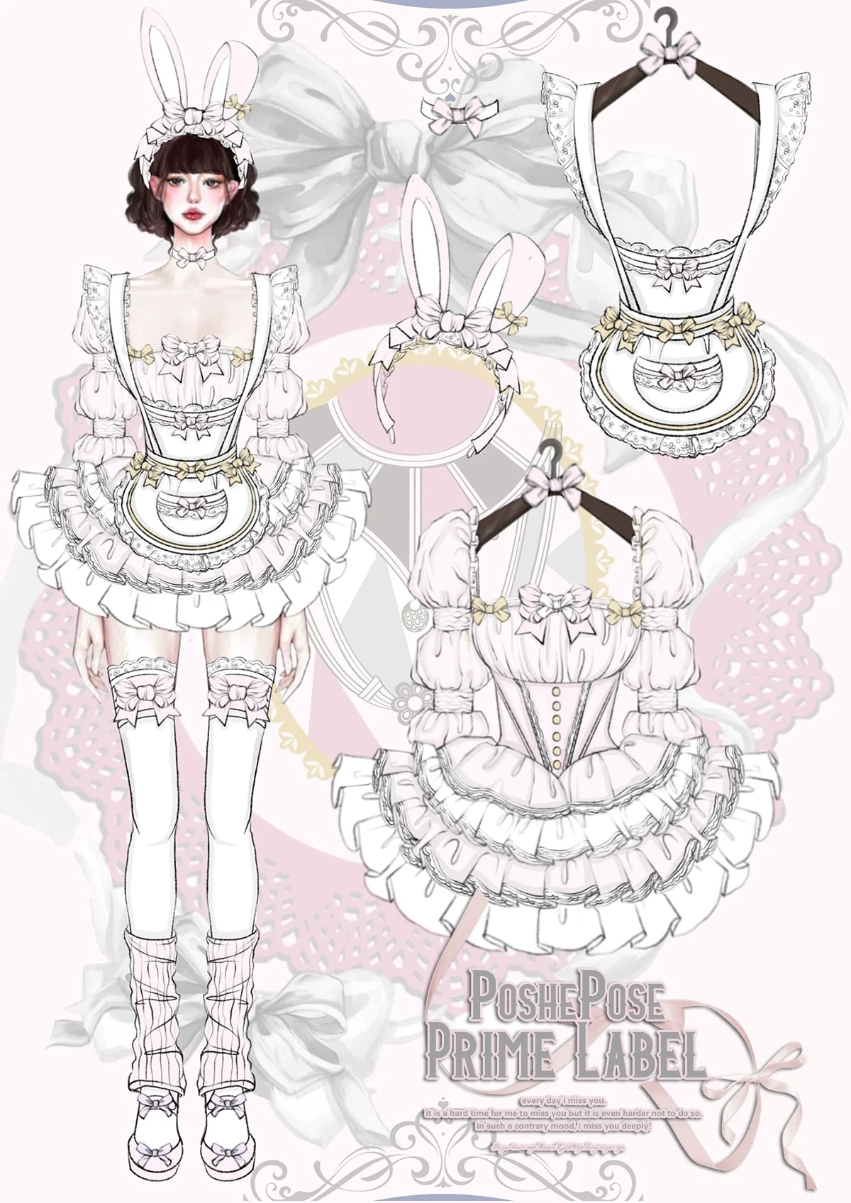 POSHEPOSE~Maid Bunny~Gorgeous Sweet Lolita OP Dress with Detachable Sleeves and Apron