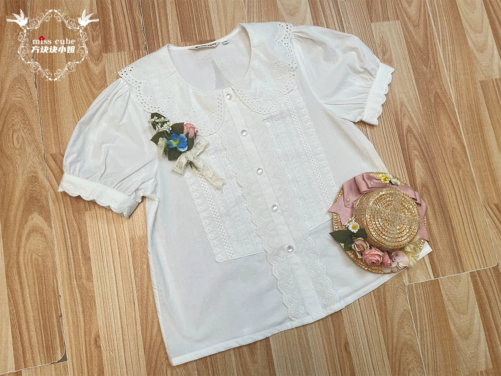 Miss Cube~Antique Label~Sweet Lolita Shirt Cotton Blouse Embroidered Collar