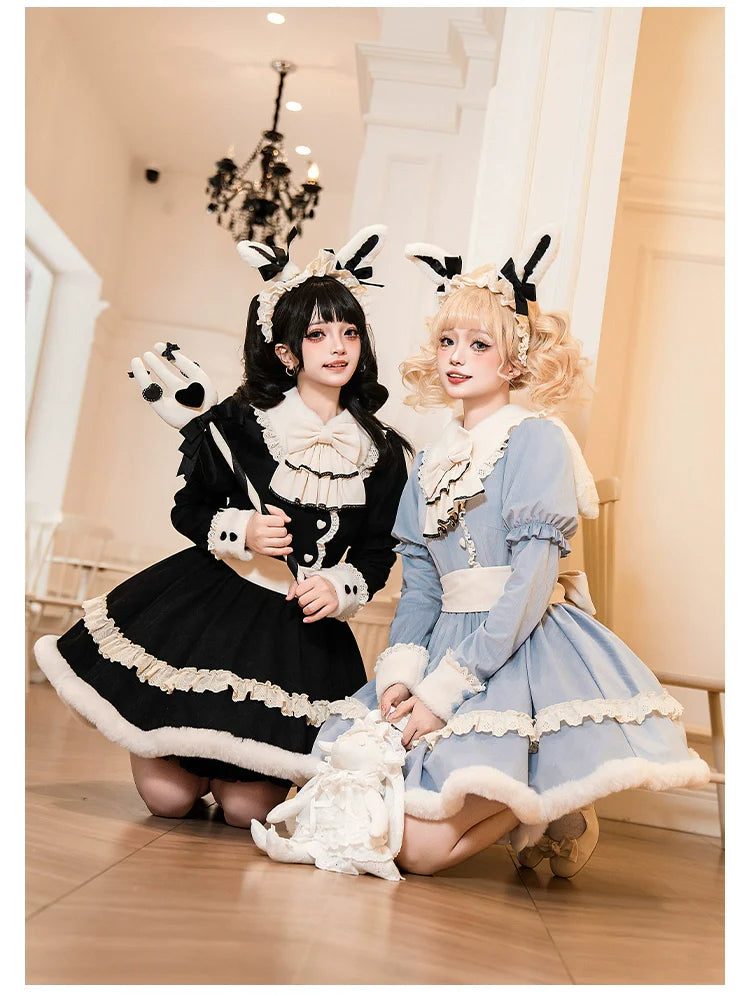 With PUJI~Rabbit&Alice~Sweet Twin Lolita OP Dress Doll Apron Dress Set