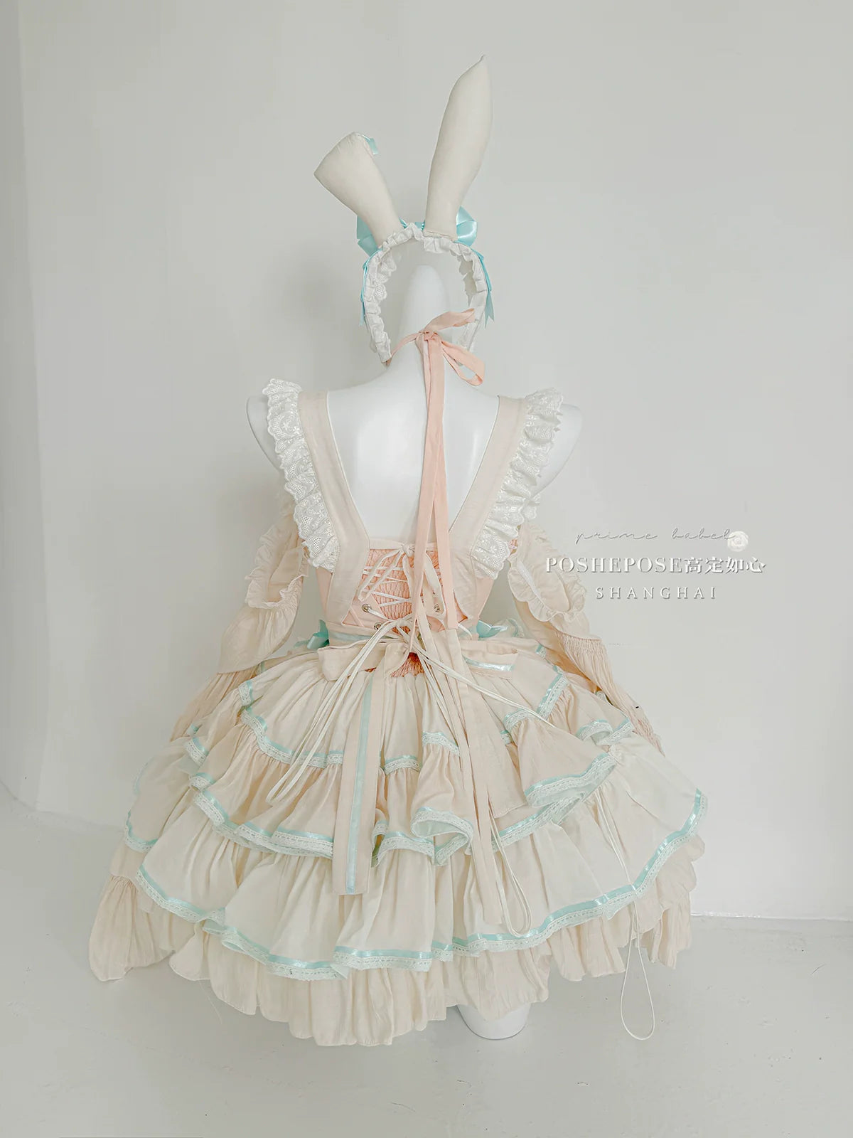 POSHEPOSE~Maid Bunny~Gorgeous Sweet Lolita OP Dress with Detachable Sleeves and Apron