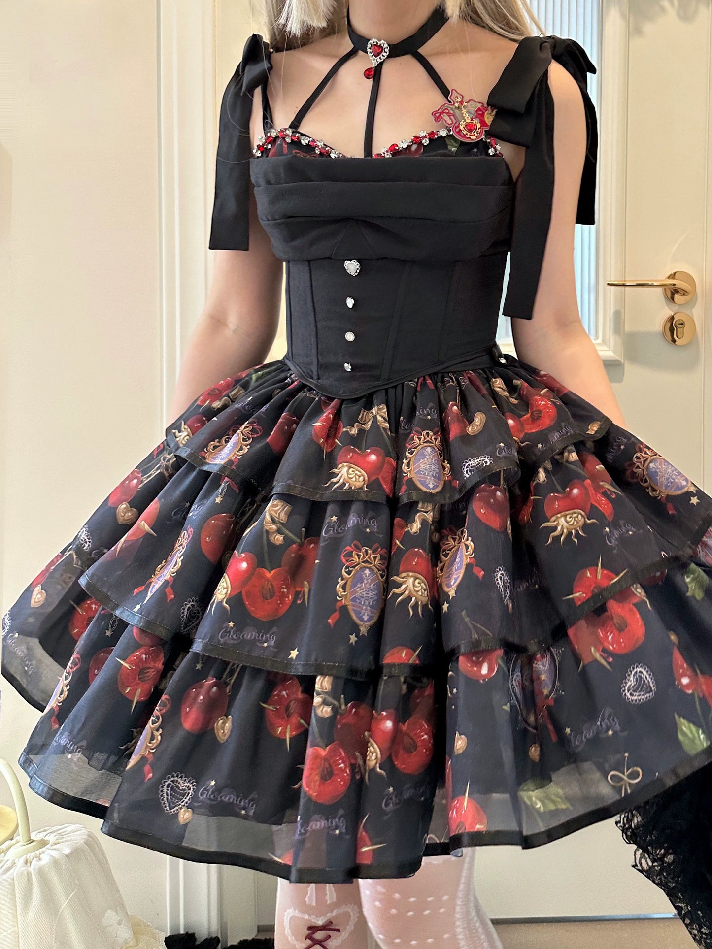 (Buy for me)Gloaming~Sweet Lolita Cherry print Short Sleeve OP and SK Set