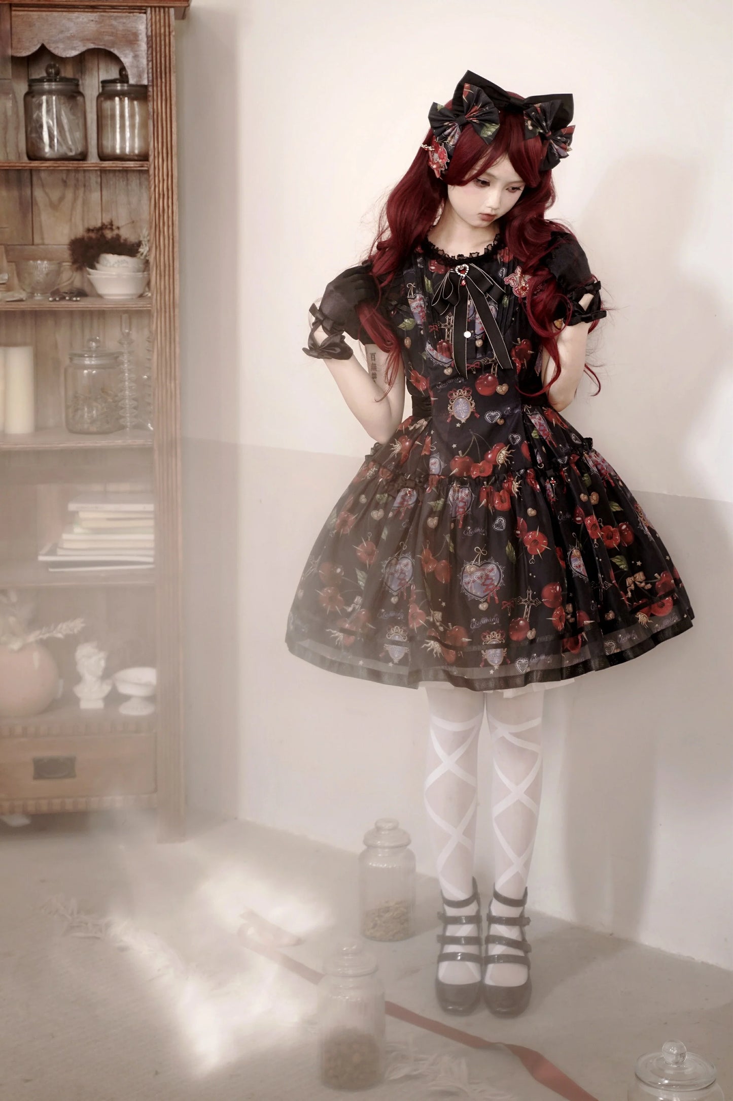 (Buy for me)Gloaming~Sweet Lolita Cherry print Short Sleeve OP and SK Set