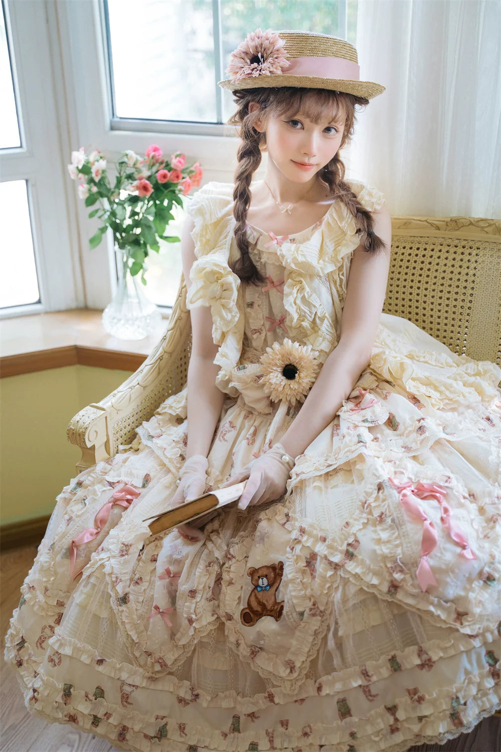 MONO GIRL~Rottengburg Bear~Sweet Lolita JSK Print Hollow-out Ruffles Dress