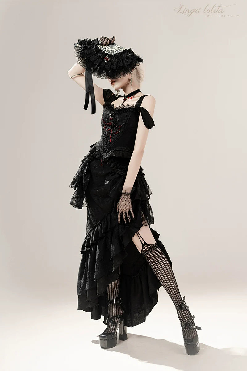Lingxi Lolita~Lord of the Night~Gothic Lolita Skirt Suit Mermaid Skirt and Fishbone Bodice