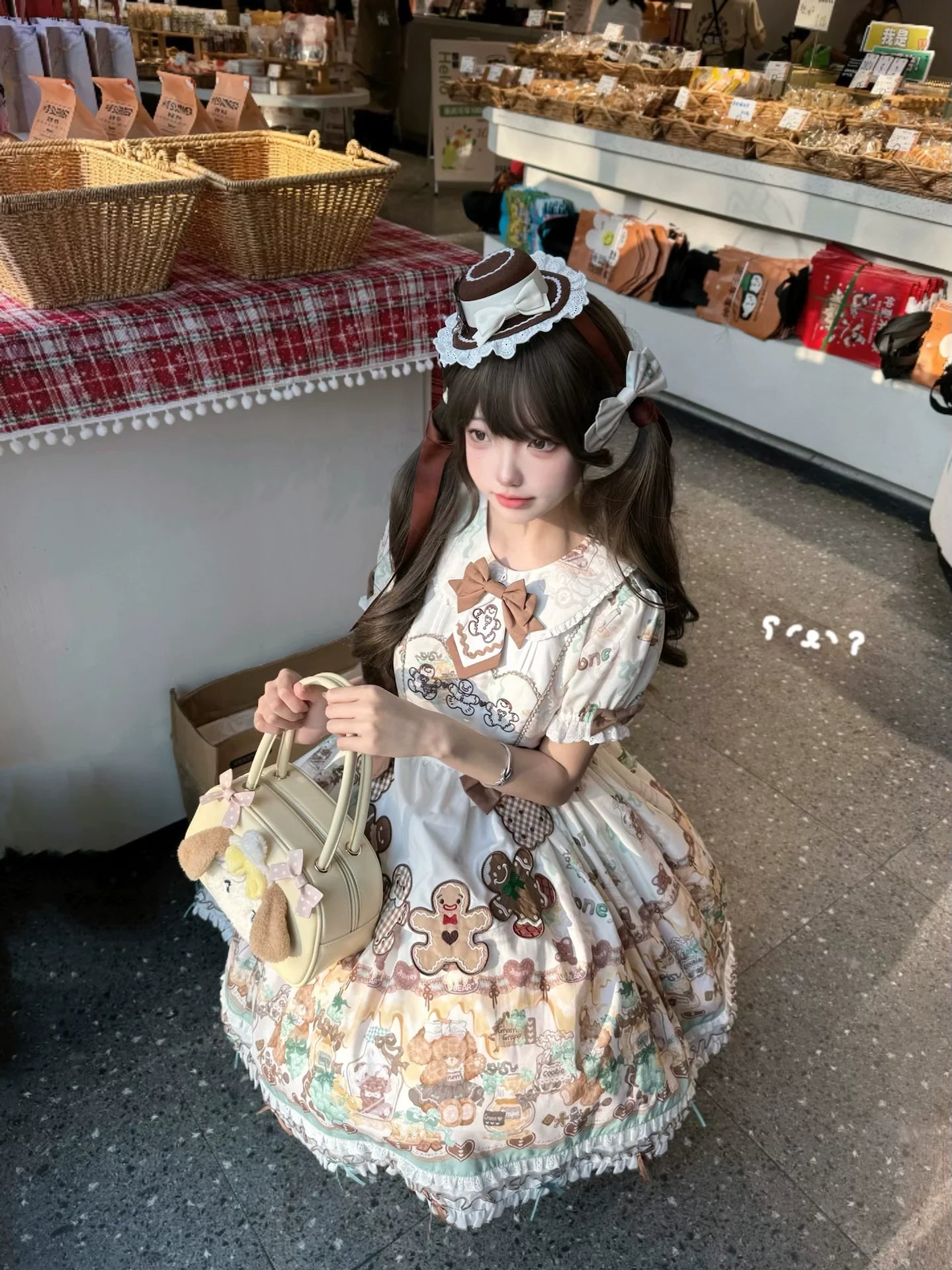 Babyblue~Little Bear Honey Jar~Kawaii Lolita Short Sleeve OP Gingerbread Man Embroidered Dress