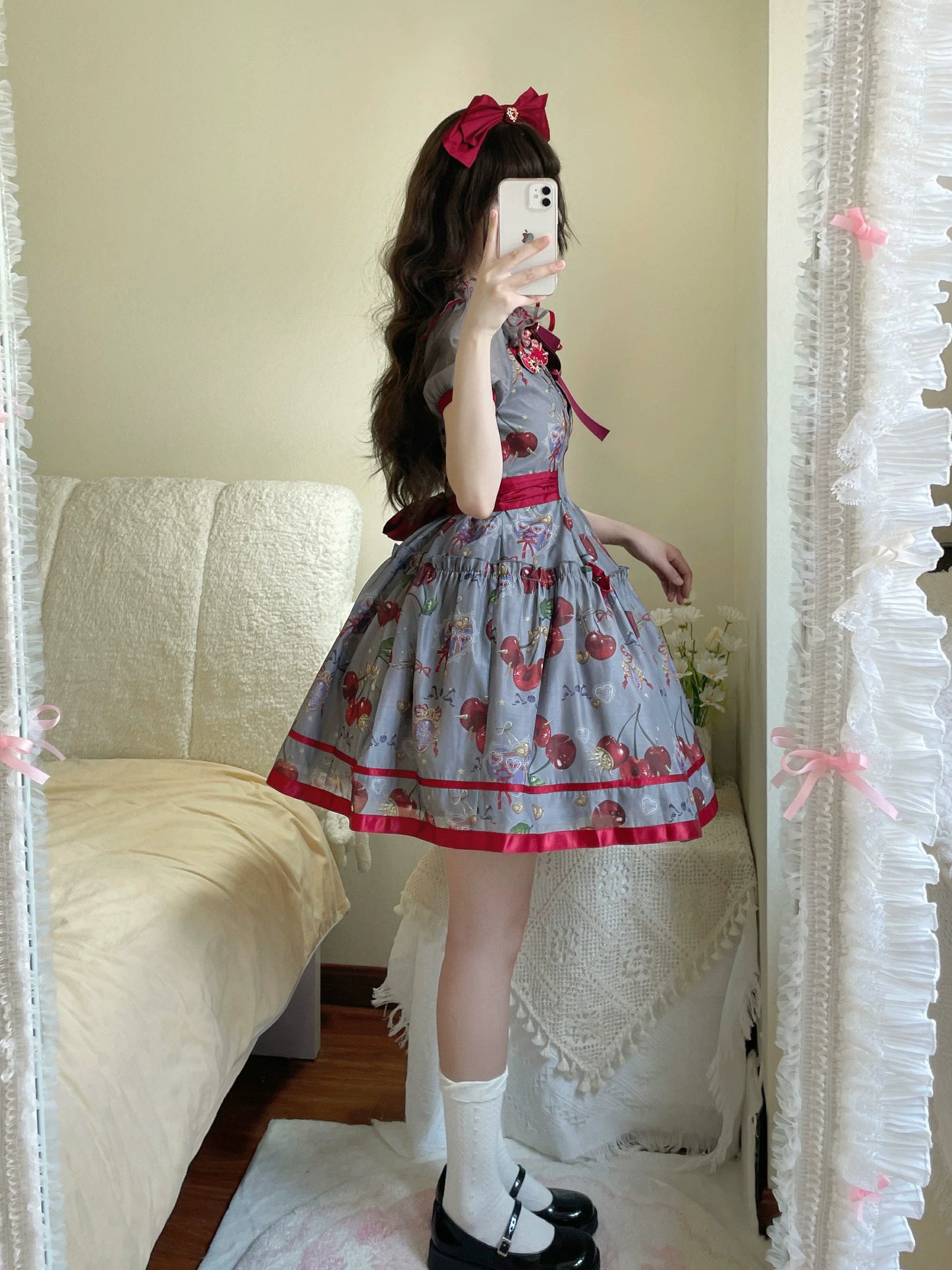 (Buy for me)Gloaming~Sweet Lolita Cherry print Short Sleeve OP and SK Set