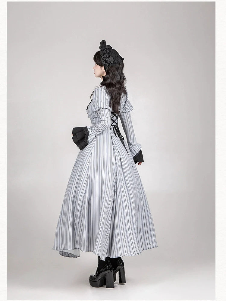 With PUJI~Nocturne SP~Striped Gothic Lolita OP Twin Lolita Dress with Apron