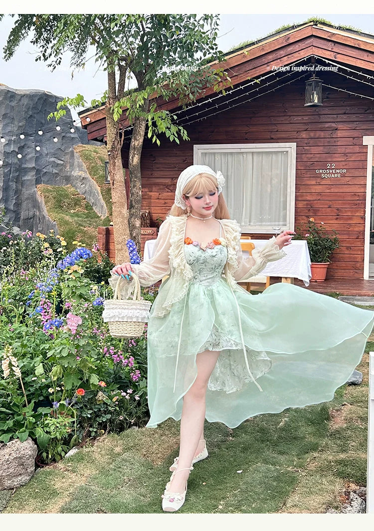 Yingtang~Plus Size Lolita JSK Dress Green Floral Lolita Dress Caidigan Set