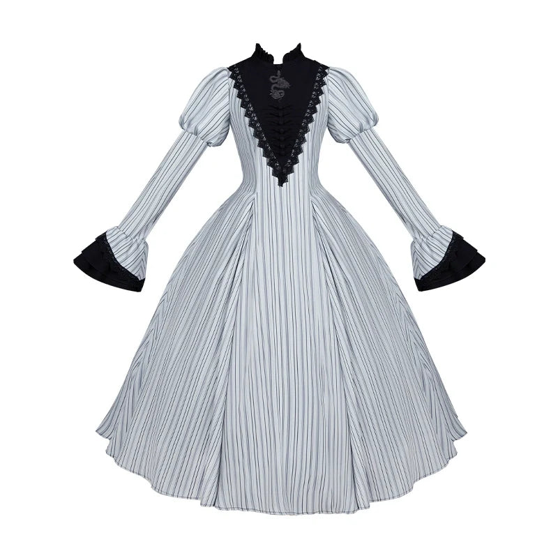 With PUJI~Nocturne SP~Striped Gothic Lolita OP Twin Lolita Dress with Apron